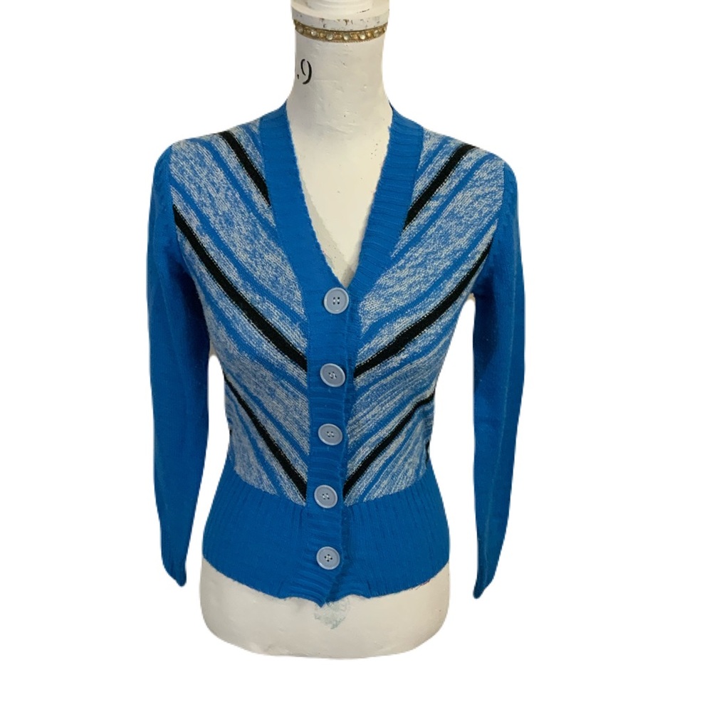 Women's Bright Blue V-Neck Button Lambs Wool and Angora Cardigan with Chevron
